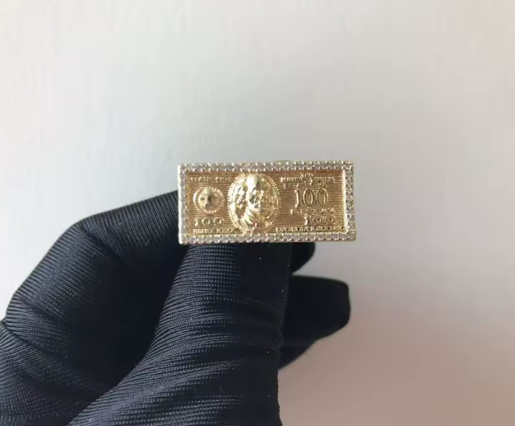 Benjamin Franklin 100 Bill One Finger Gold Ring