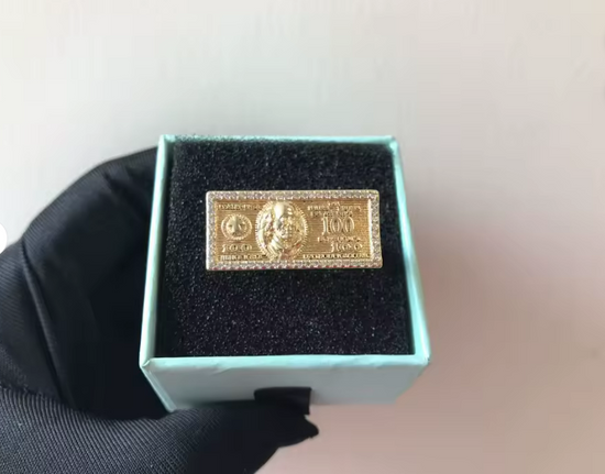 Benjamin Franklin 100 Bill One Finger Gold Ring